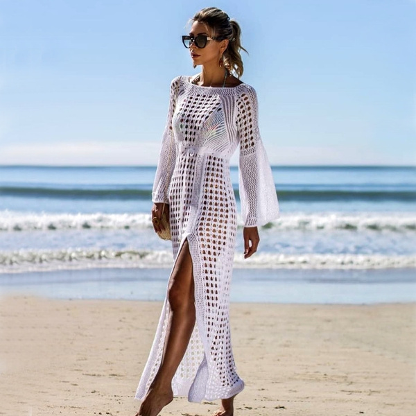 Hollow-out Long-sleeve Knitted Beach ...